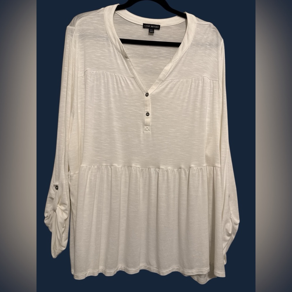Lane Bryant White Textured‎ V Neck Tunic Top Roll Tab Sleeve Plus Size 18/20